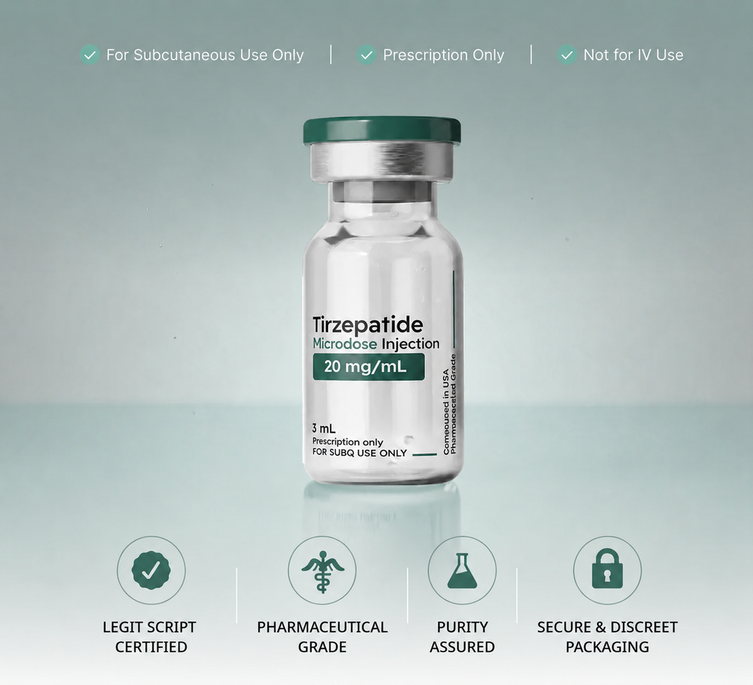 A 3 mL vial of Tirzepatide Microdose Injection 20 mg/mL, presented on a light teal gradient background with informational text and icons at the top and bottom.