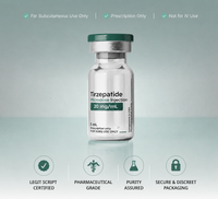 A 3 mL vial of Tirzepatide Microdose Injection 20 mg/mL, presented on a light teal gradient background with informational text and icons at the top and bottom.